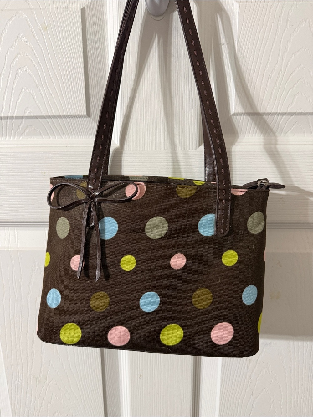 Source Unknown Brown Polka Dot Shoulder Bag with Pink, Blue & Green Dots
